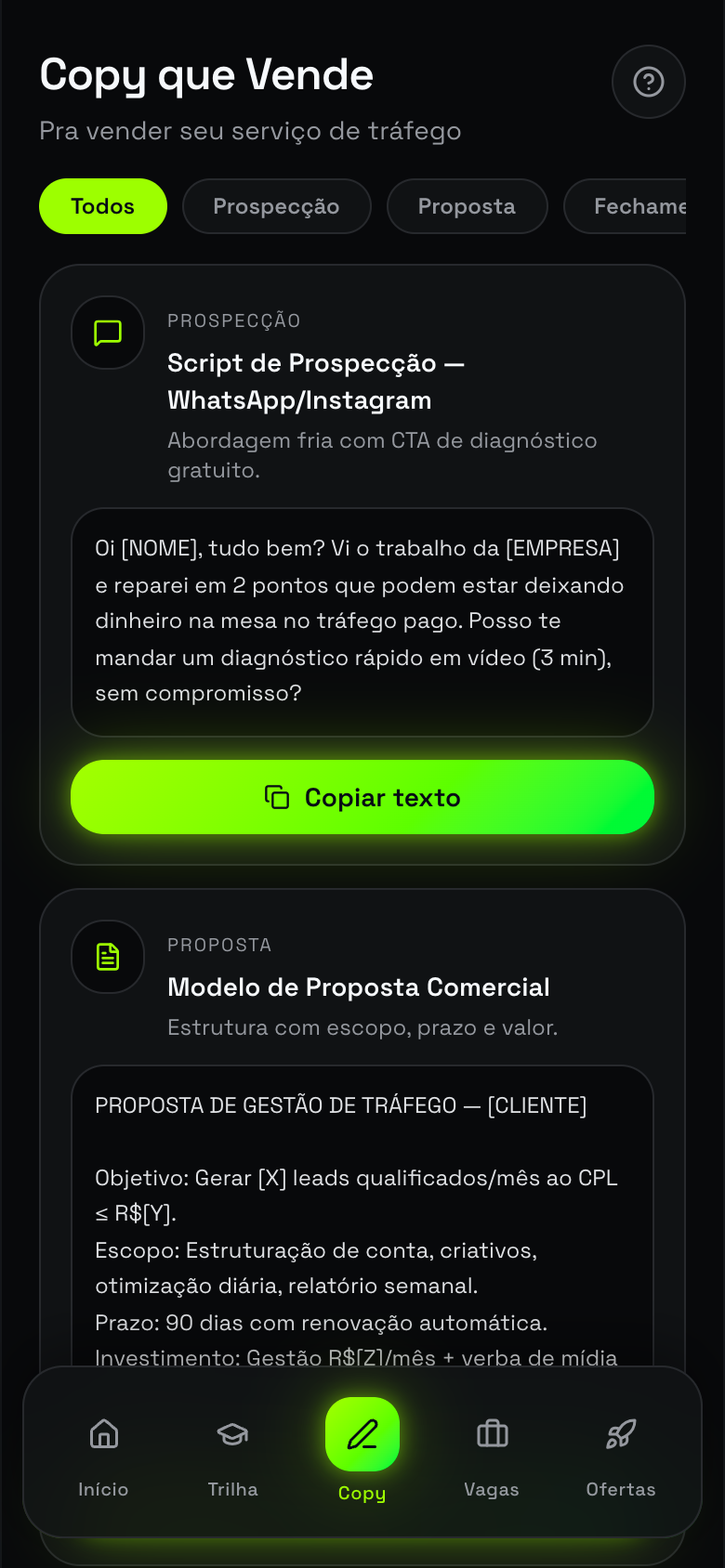 Tela de Copy que vende no app Gestorify