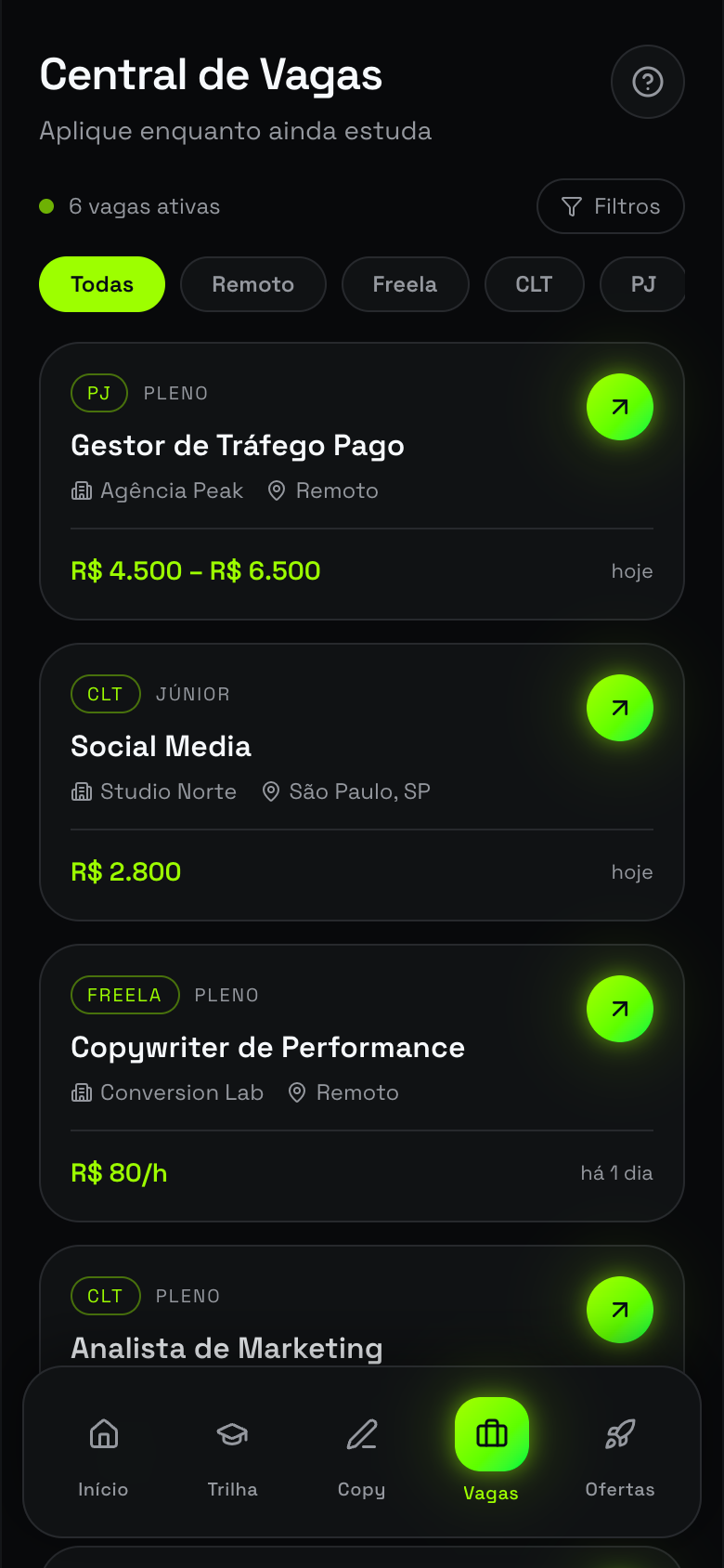 Tela de Acesso a vagas reais no app Gestorify